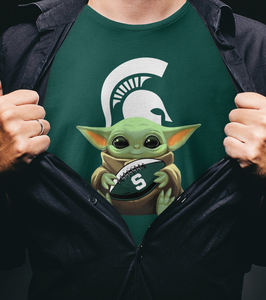 Baby Yoda Holding Football With Michigan State Spartans Helmet T-Shirt