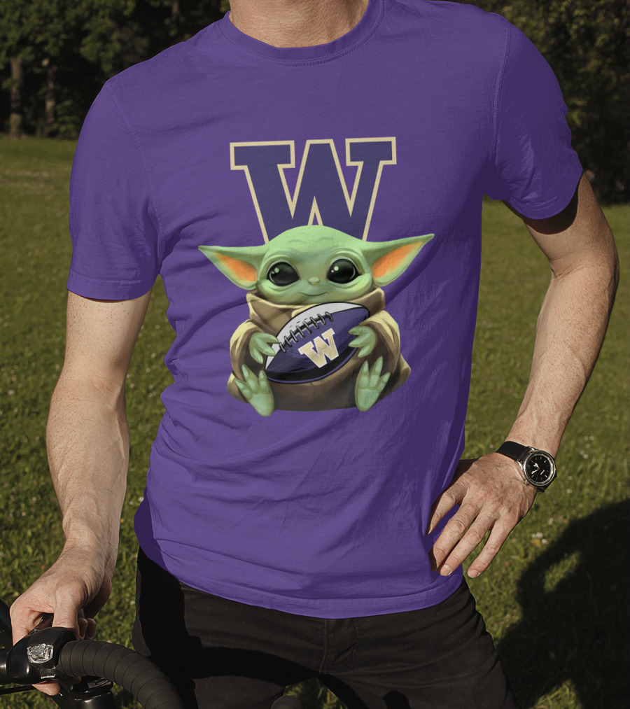 Baby Yoda Holding Washington Huskies Football W T-Shirt