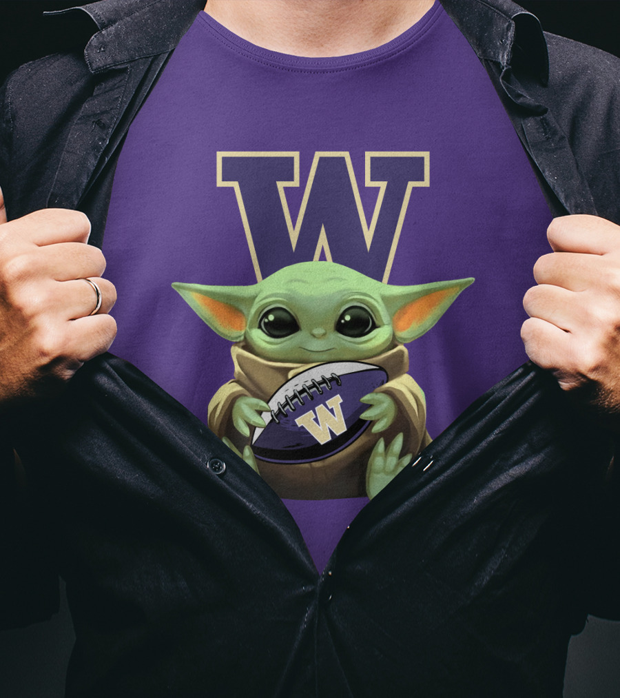 Baby Yoda Holding Washington Huskies Football W T-Shirt