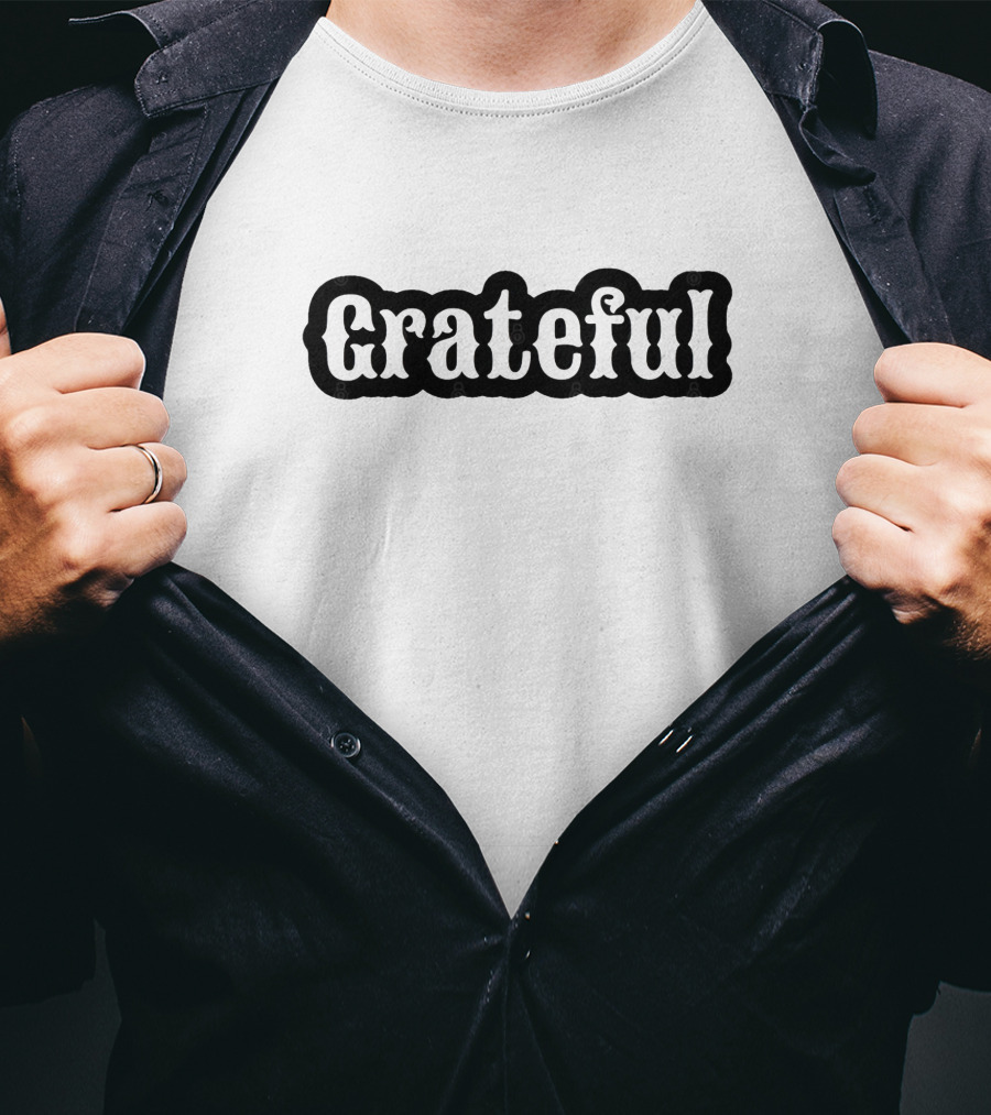 Grateful Heavy White Typography On Black Border T-Shirt