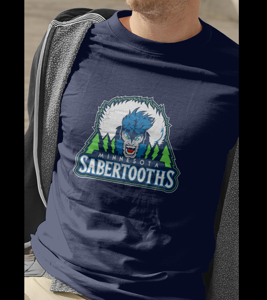 Minnesota Sabertooths NBA Logo With Blue Sabertooth And Green Pine Trees T-Shirt