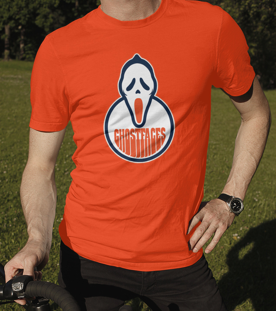Edmonton Ghostfaces NHL Scream Parody Logo Orange Background T-Shirt