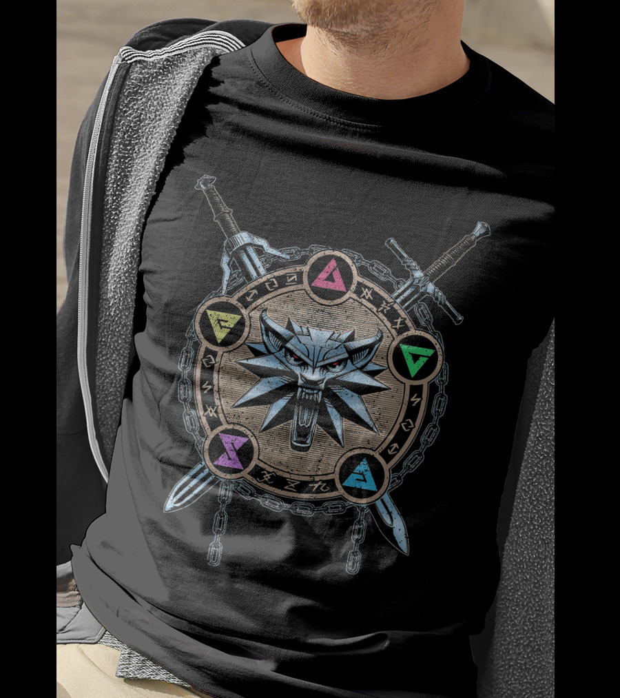 Mark Of Wolf Color Wild Hunt Witcher Medallion And Swords With Elemental Symbols T-Shirt