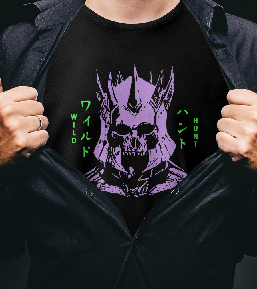 Wild Hunt 3 Skull Helmet Purple Japanese Text T-Shirt
