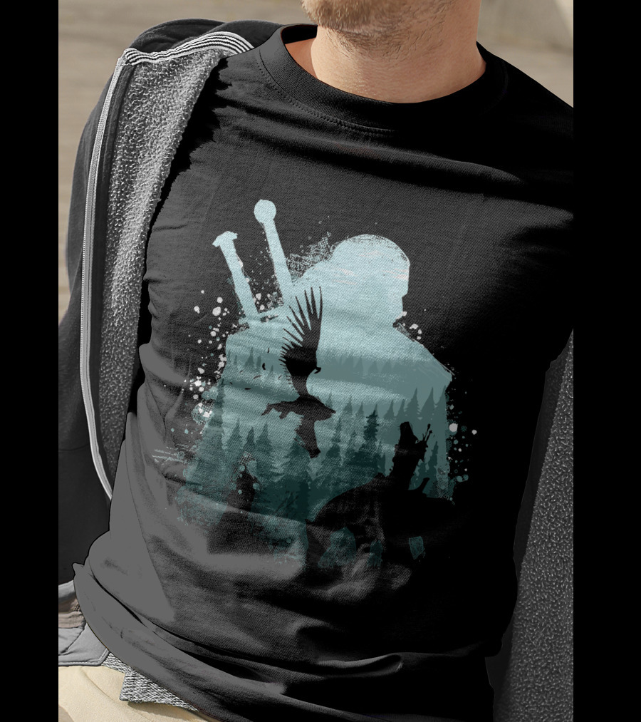 Wild Huntsman Silhouette With Swords Forest And Animals T-Shirt