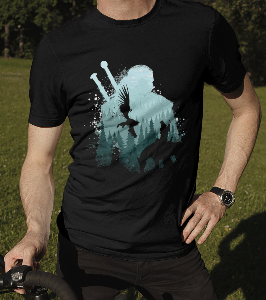 Wild Huntsman Silhouette With Swords Forest And Animals T-Shirt