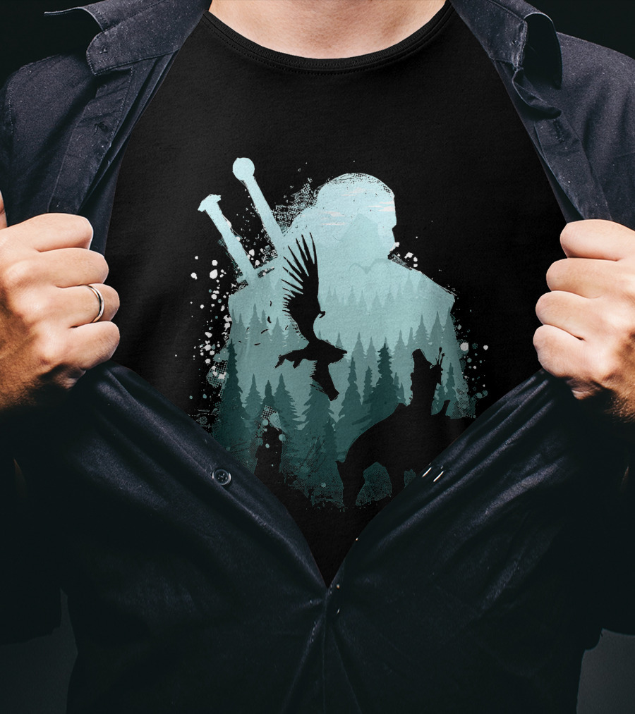 Wild Huntsman Silhouette With Swords Forest And Animals T-Shirt