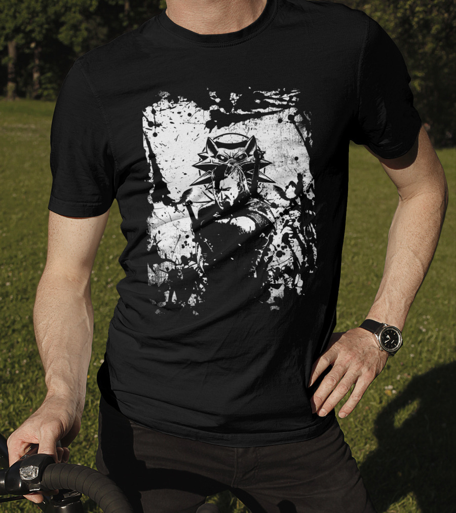 The Witcher 3 Wild Hunt Geralt Wolf School Emblem Splatter T-Shirt