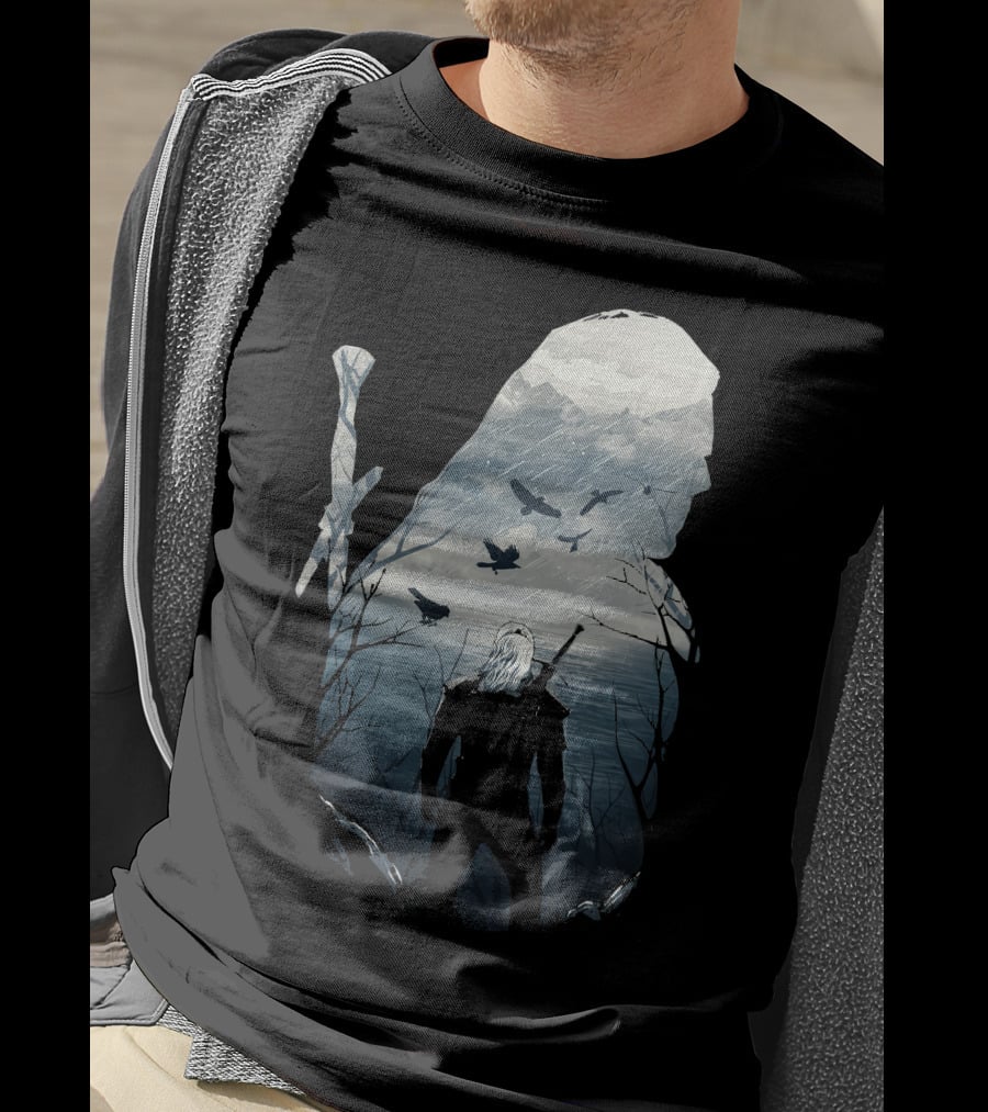 Wild Hunt Forest Geralt Silhouette With Mountains Ravens Sword T-Shirt
