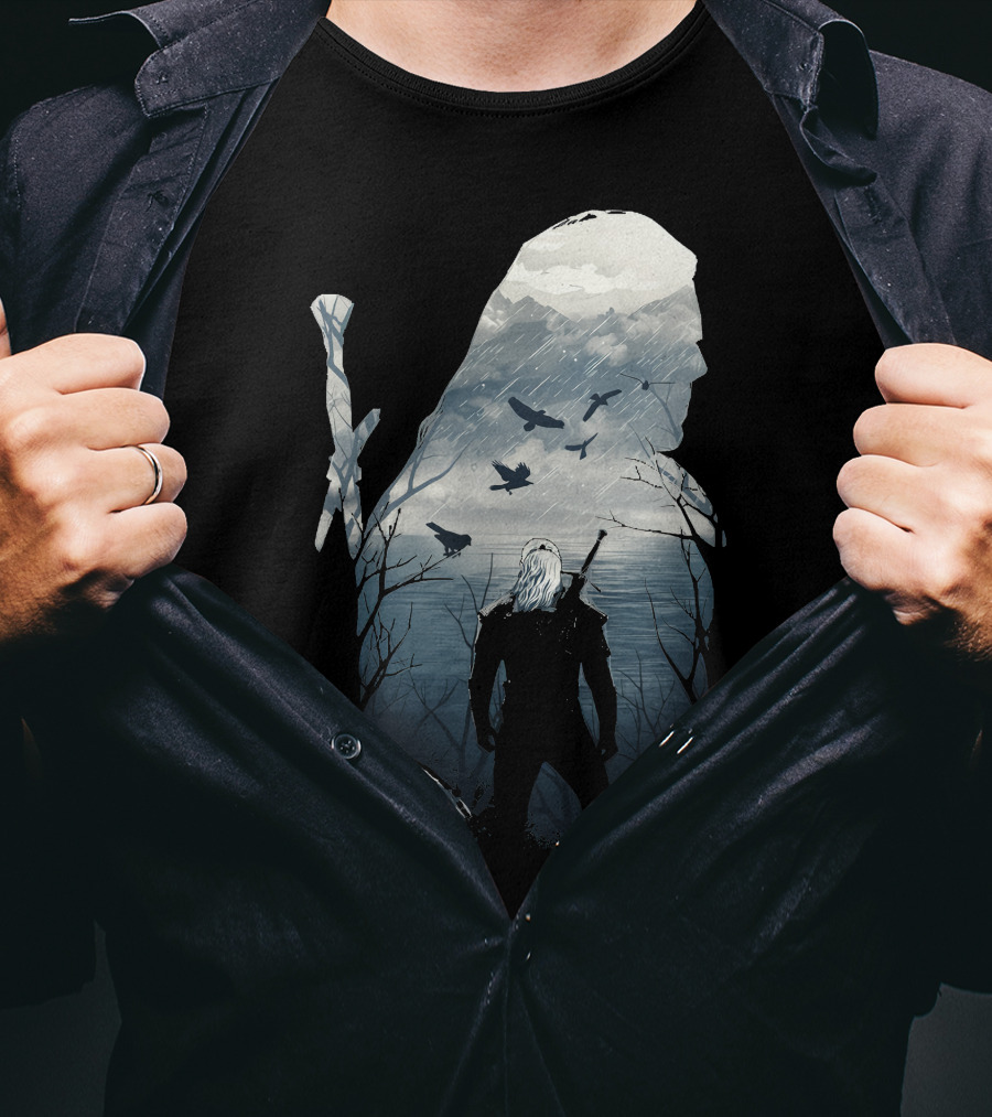 Wild Hunt Forest Geralt Silhouette With Mountains Ravens Sword T-Shirt