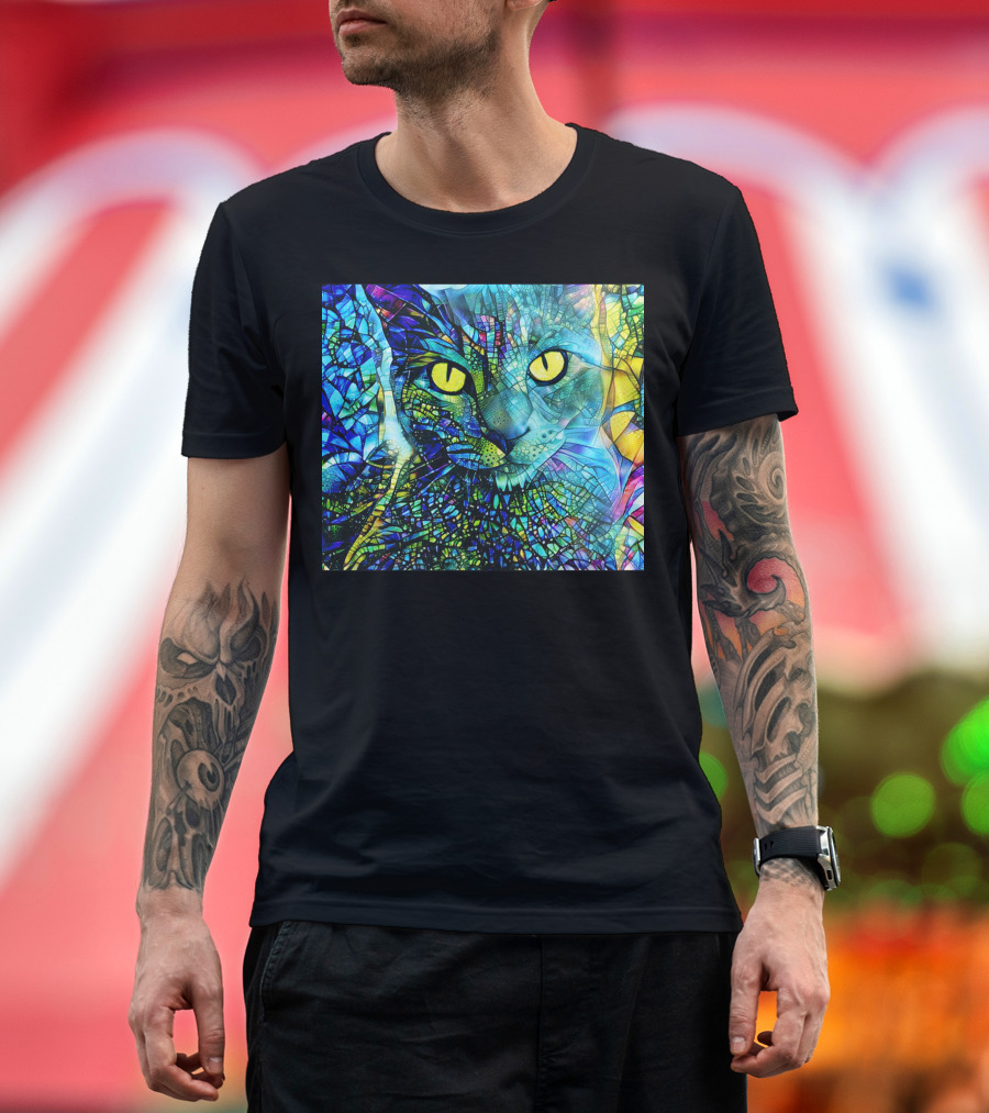 Cochfdhfdhfdh Stained Glass Mosaic Cat with Vibrant Yellow Eyes T-Shirt