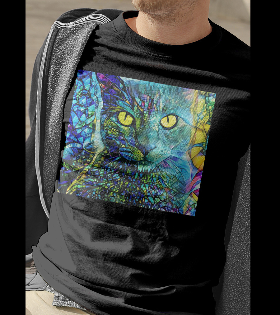 Cochfdhfdhfdh Stained Glass Mosaic Cat With Vibrant Yellow Eyes T-Shirt