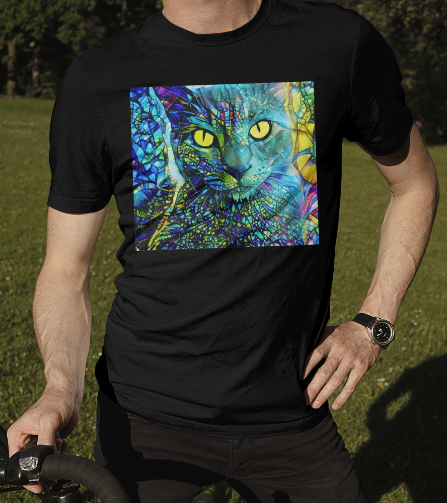 Cochfdhfdhfdh Stained Glass Mosaic Cat With Vibrant Yellow Eyes T-Shirt