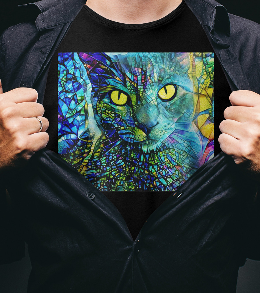 Cochfdhfdhfdh Stained Glass Mosaic Cat With Vibrant Yellow Eyes T-Shirt