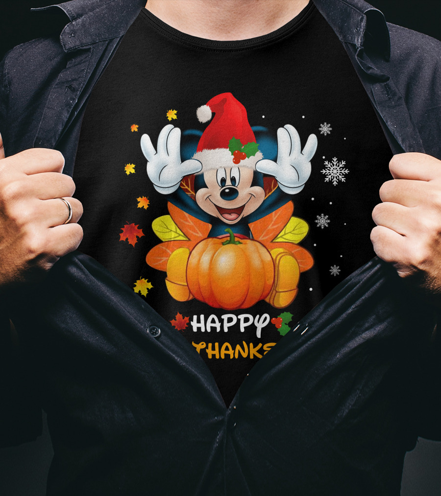 Happy HalloThanksMas Mickey Pumpkin Leaves Snowflakes Santa Hat T-Shirt