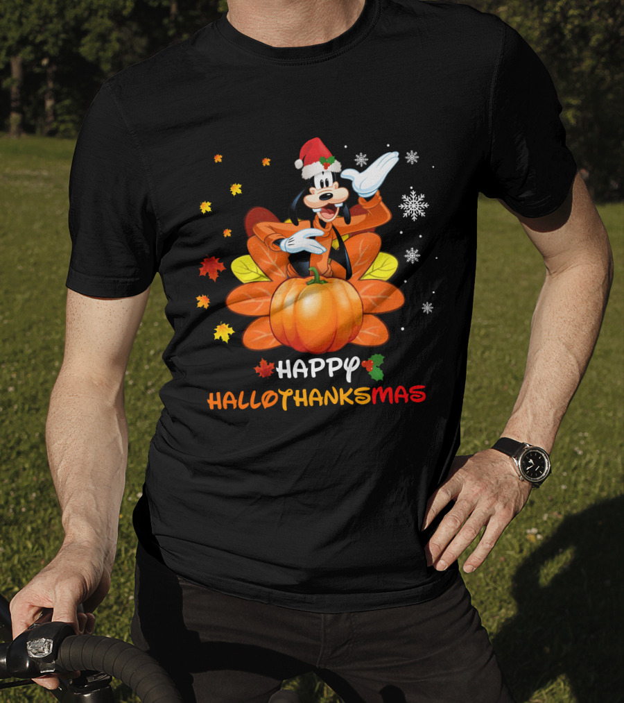 Happy Goofy HalloThanksMas Snowflakes Pumpkin Leaves Santa Hat T-Shirt