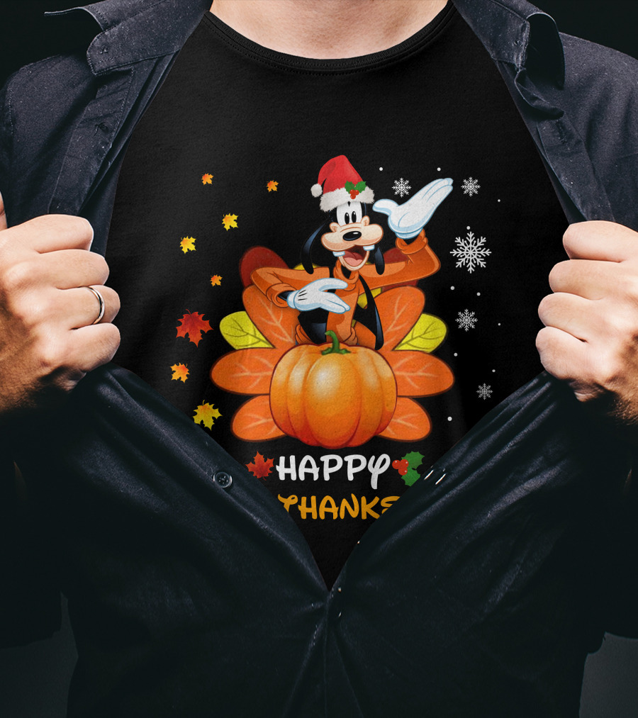 Happy Goofy HalloThanksMas Snowflakes Pumpkin Leaves Santa Hat T-Shirt