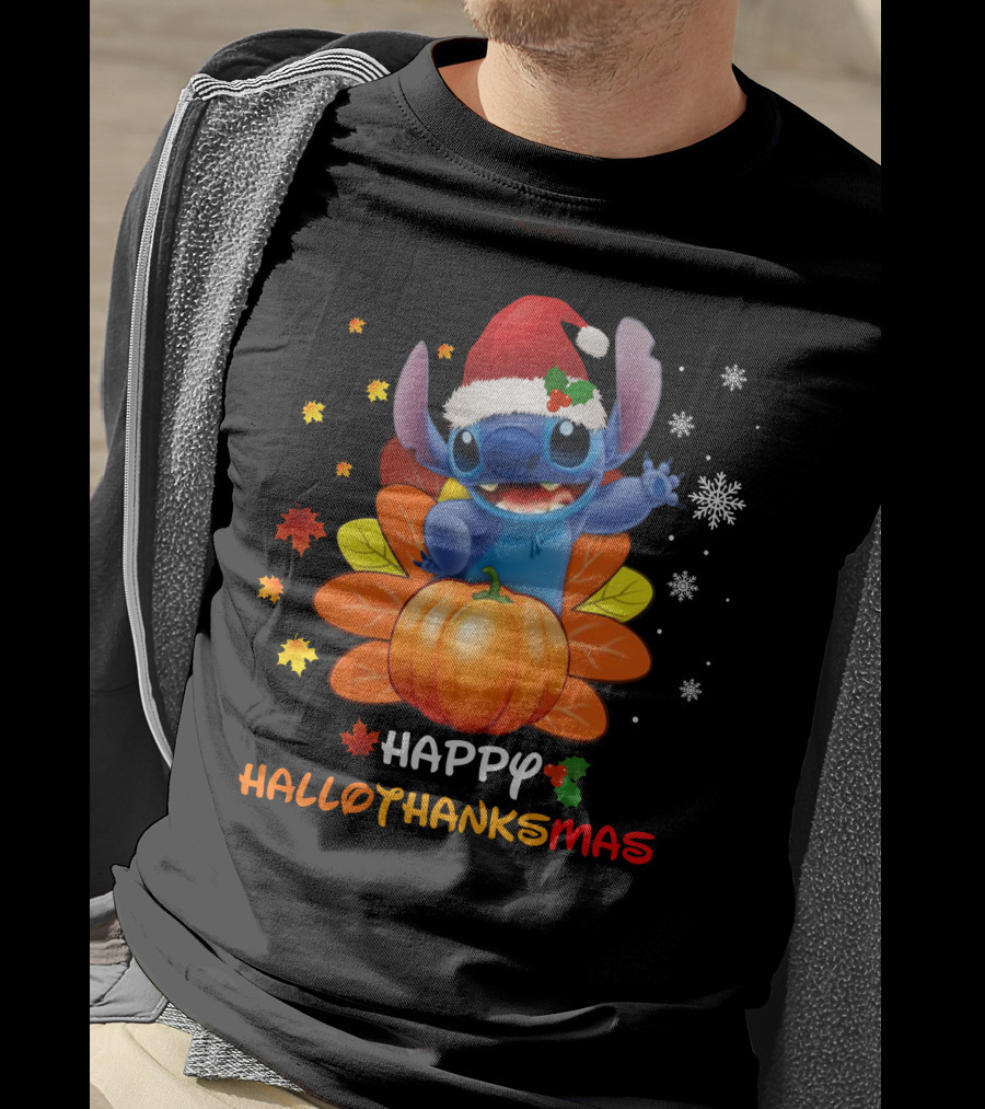 Happy HalloThanksMas Stitch Pumpkin Santa Hat Snowflakes Leaves T-Shirt