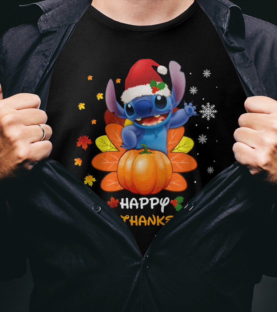 Happy HalloThanksMas Stitch Pumpkin Santa Hat Snowflakes Leaves T-Shirt