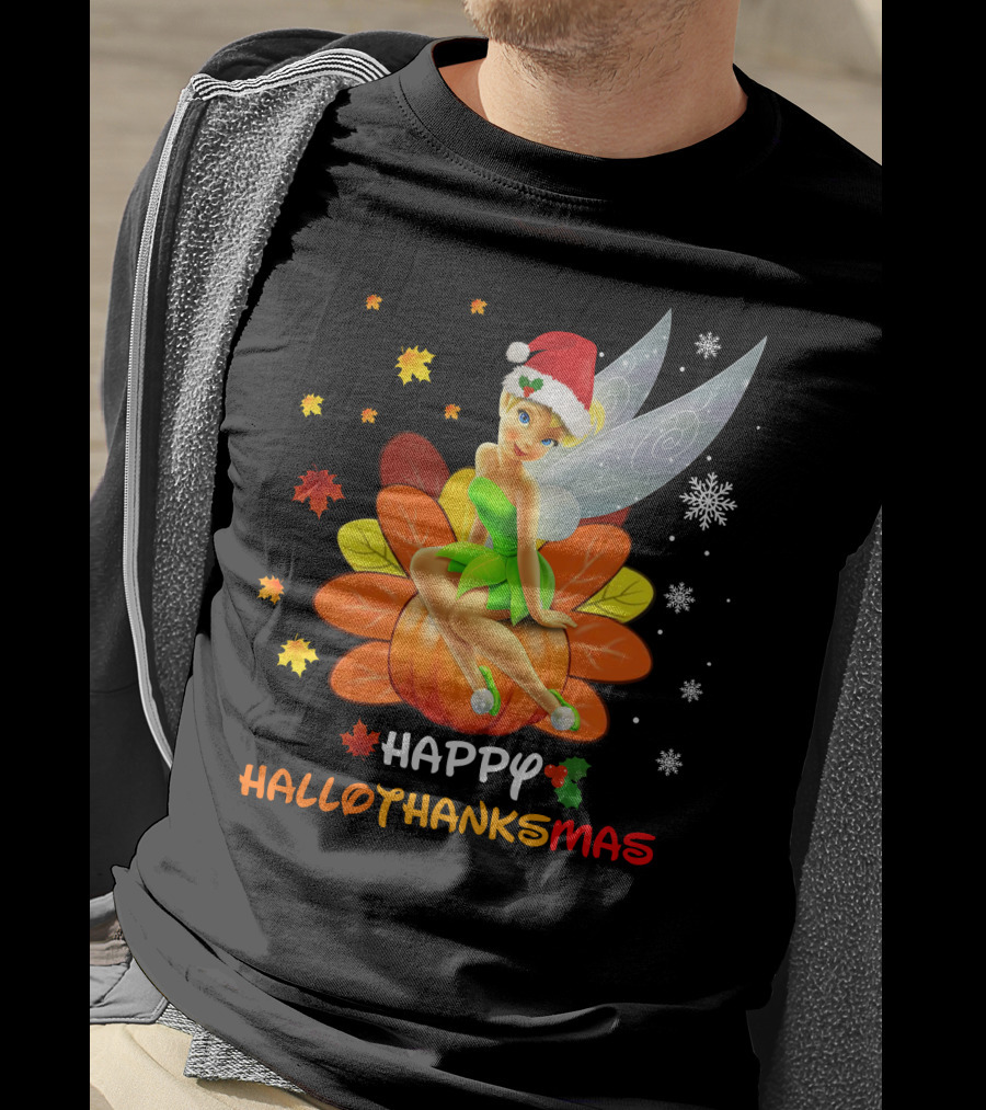 Tinkerbell Happy HalloThanksMas Pumpkin Santa Hat Snowflakes T-Shirt