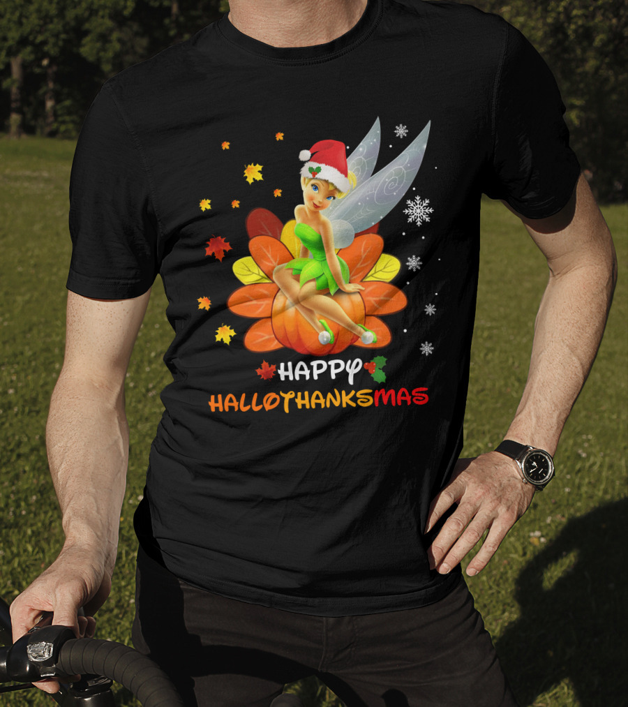 Tinkerbell Happy HalloThanksMas Pumpkin Santa Hat Snowflakes T-Shirt