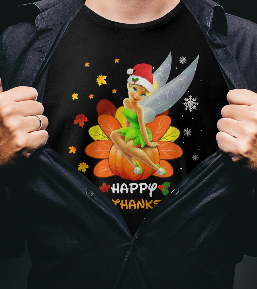 Tinkerbell Happy HalloThanksMas Pumpkin Santa Hat Snowflakes T-Shirt