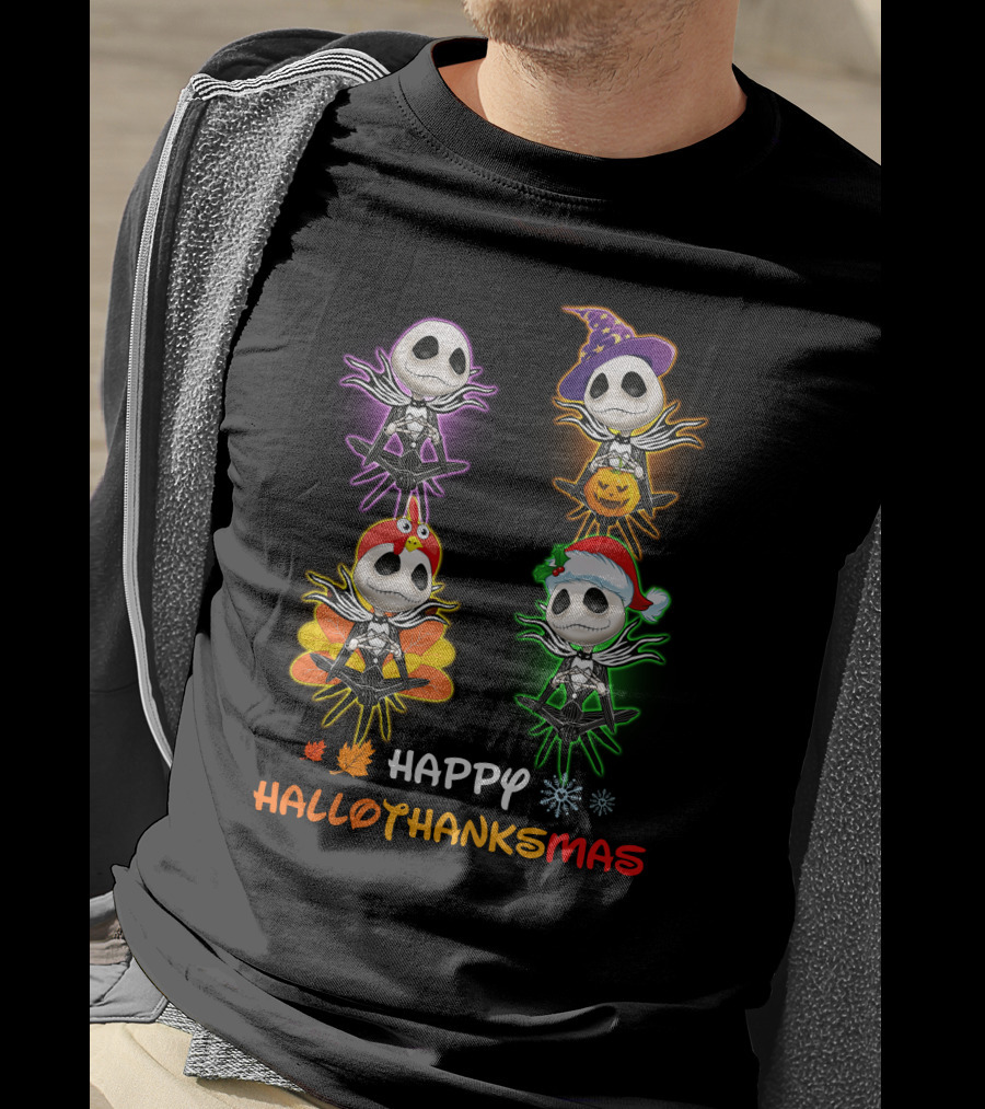 Happy HalloThanksMas Jack Skellington With Pumpkin Turkey Santa Hat T-Shirt
