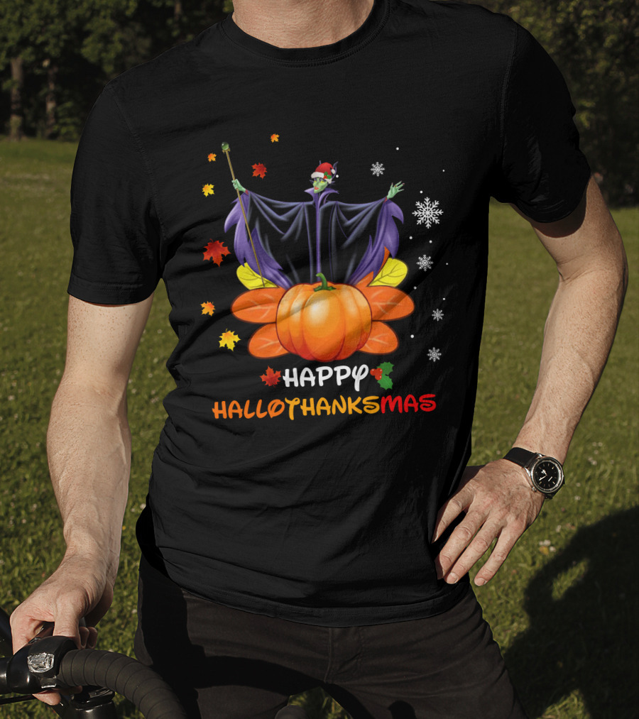 Happy Hallothanksmas Maleficent With Pumpkin And Santa Hat T-Shirt