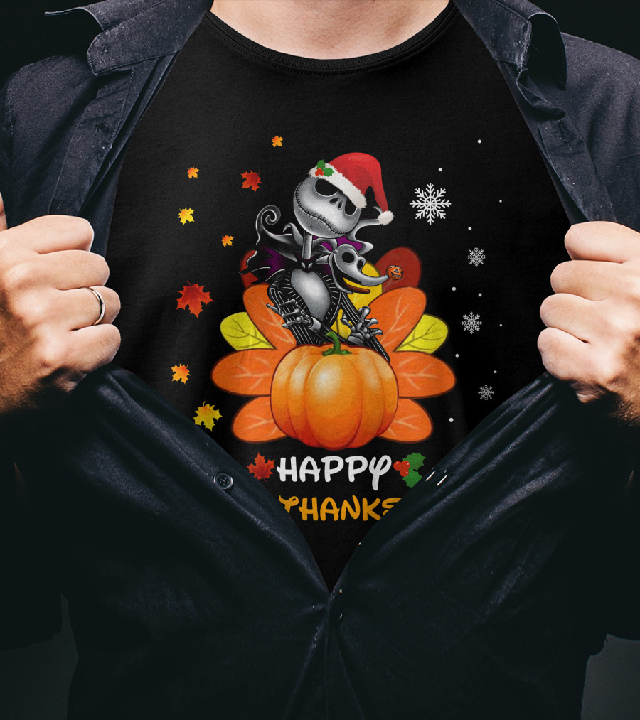 Happy HalloThanksMas Pumpkin Jack In Santa Hat With Snowflakes And Autumn Leaves T-Shirt