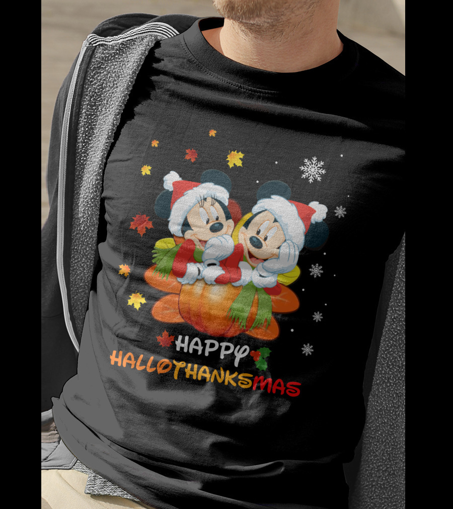 Mickey Happy HalloThanksMas Pumpkin Leaves Snowflakes T-Shirt