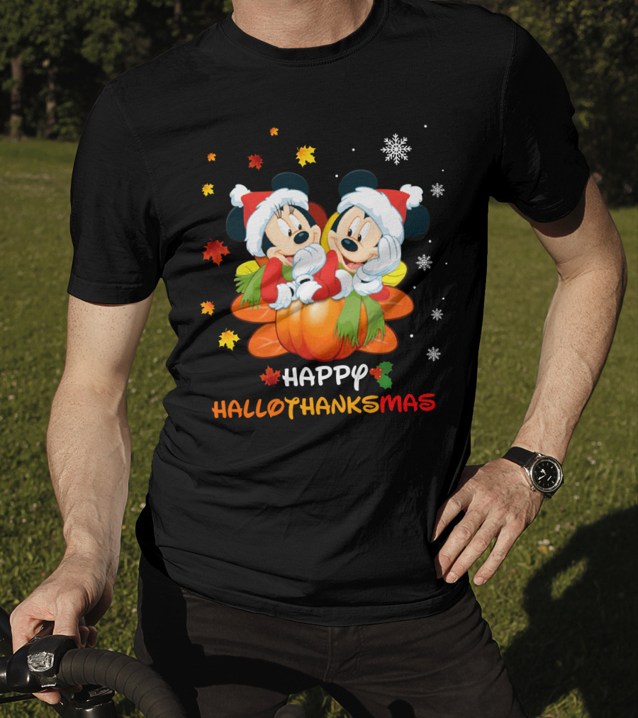 Mickey Happy HalloThanksMas Pumpkin Leaves Snowflakes T-Shirt