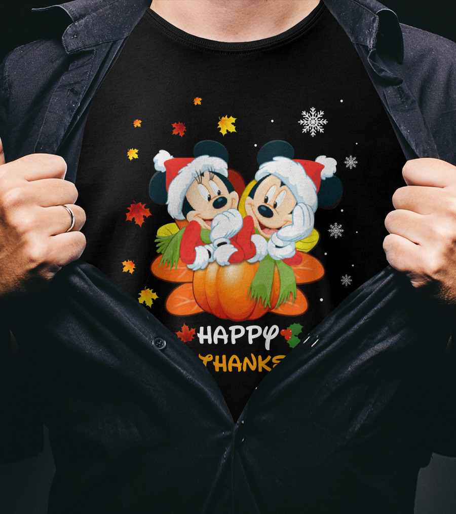 Mickey Happy HalloThanksMas Pumpkin Leaves Snowflakes T-Shirt