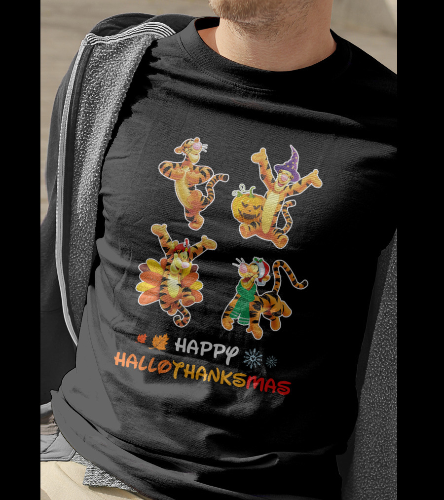 Happy Hallothanksmas Tigger Variations With Pumpkin Turkey And Holiday Outfits T-Shirt