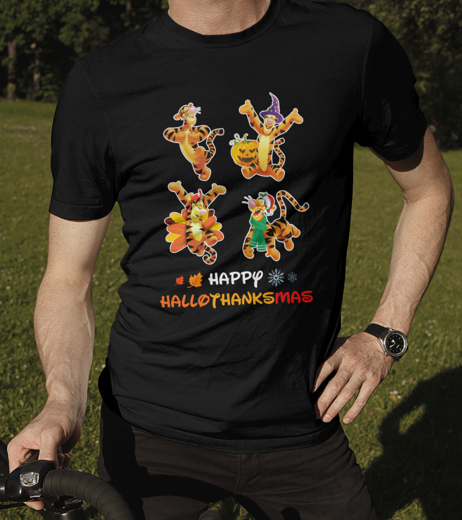 Happy Hallothanksmas Tigger Variations With Pumpkin Turkey And Holiday Outfits T-Shirt