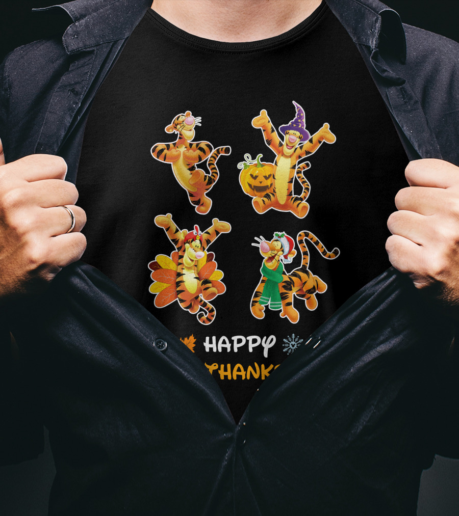 Happy Hallothanksmas Tigger Variations With Pumpkin Turkey And Holiday Outfits T-Shirt
