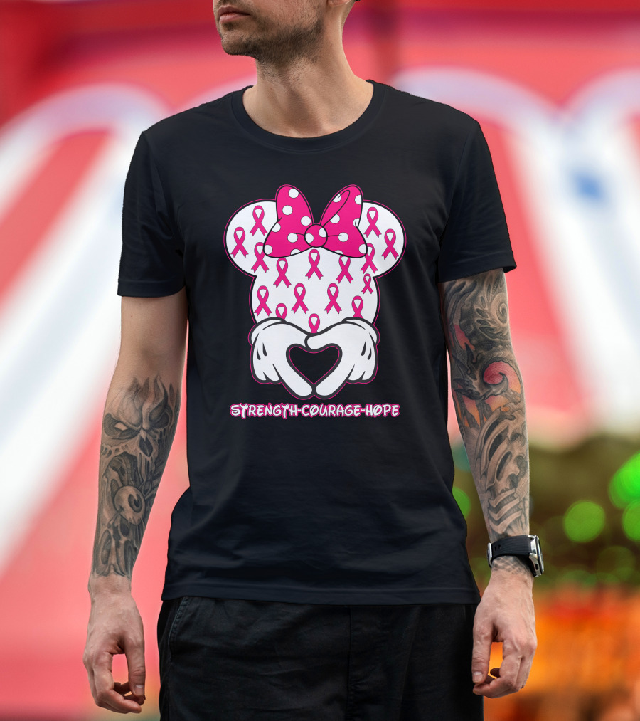Strength Courage Hope Pink Ribbon Minnie Ears Hands Heart T-Shirt