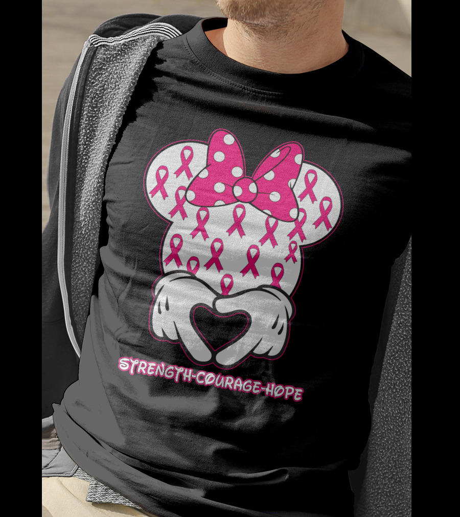 Strength Courage Hope Pink Ribbon Minnie Ears Hands Heart T-Shirt