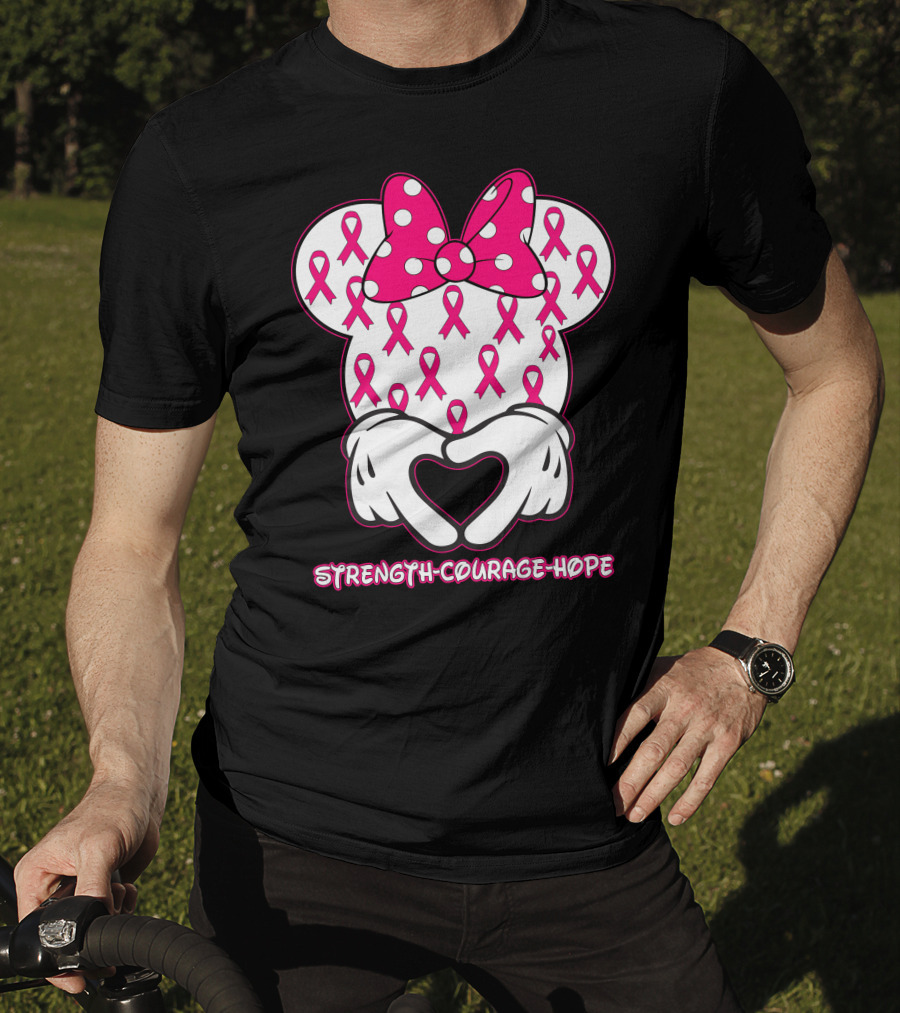 Strength Courage Hope Pink Ribbon Minnie Ears Hands Heart T-Shirt