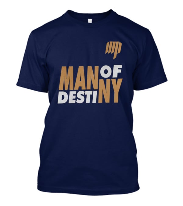 Man Of Destiny Blue And Gold Text With Vertical Stripe T-Shirt
