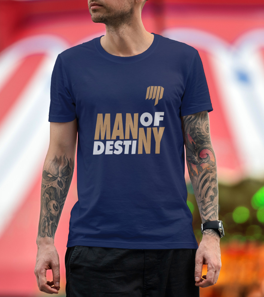 Man of Destiny Blue and Gold Text with Vertical Stripe T-Shirt