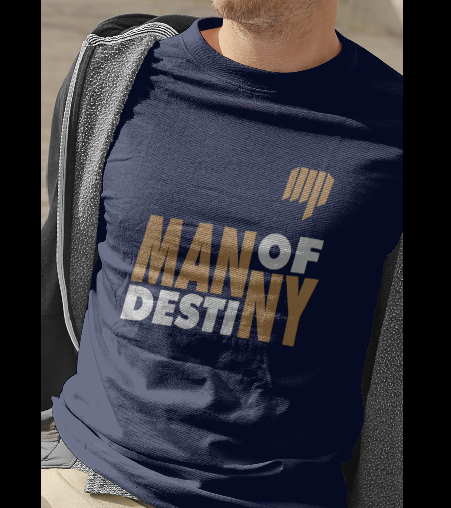 Man Of Destiny Blue And Gold Text With Vertical Stripe T-Shirt