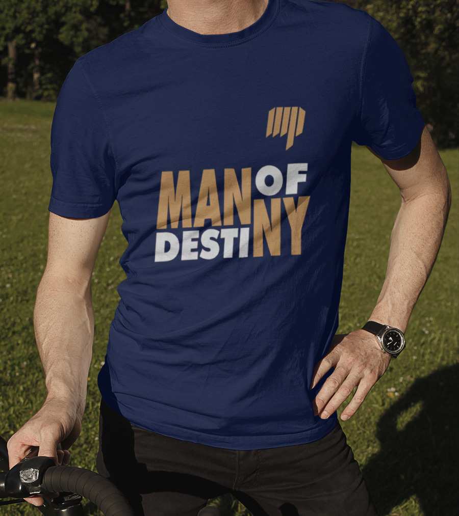 Man Of Destiny Blue And Gold Text With Vertical Stripe T-Shirt