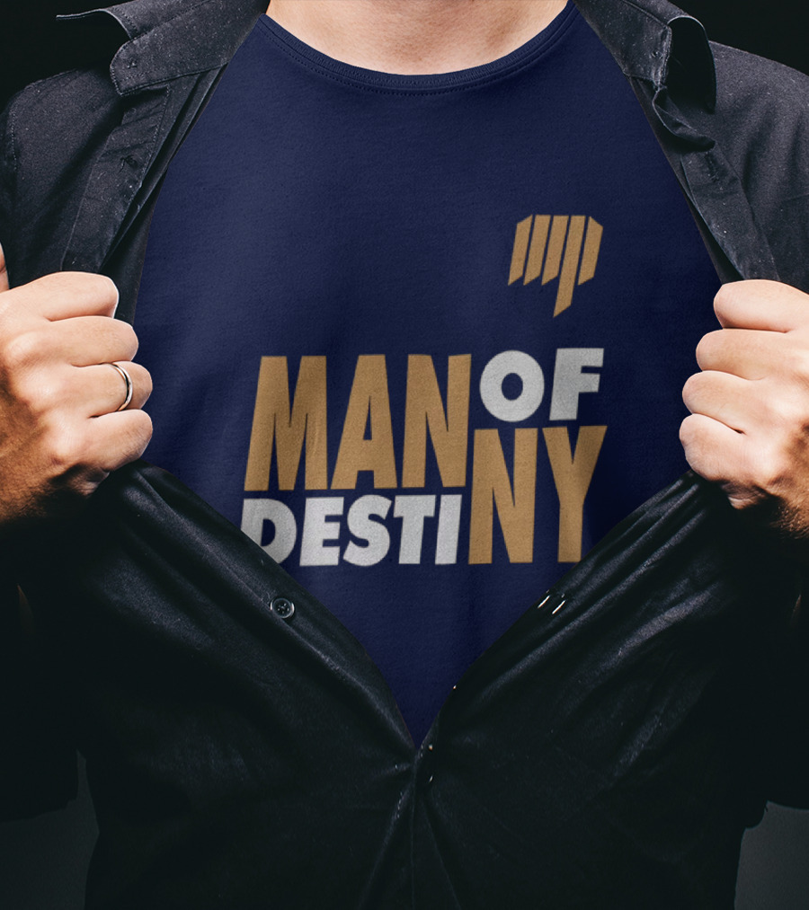 Man Of Destiny Blue And Gold Text With Vertical Stripe T-Shirt