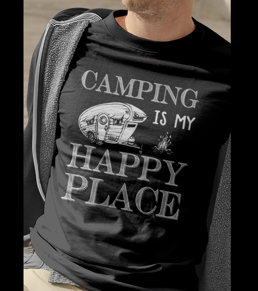 Camping Is My Happy Place With RV And Campfire Scene T-Shirt