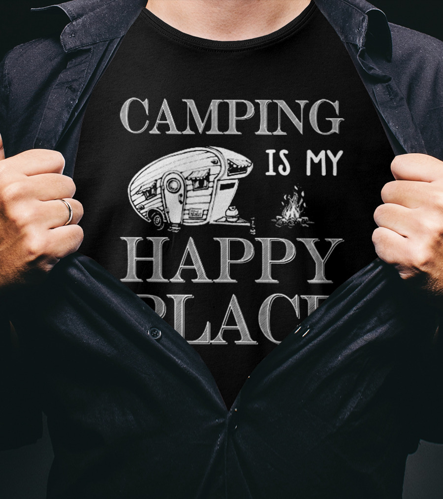 Camping Is My Happy Place With RV And Campfire Scene T-Shirt