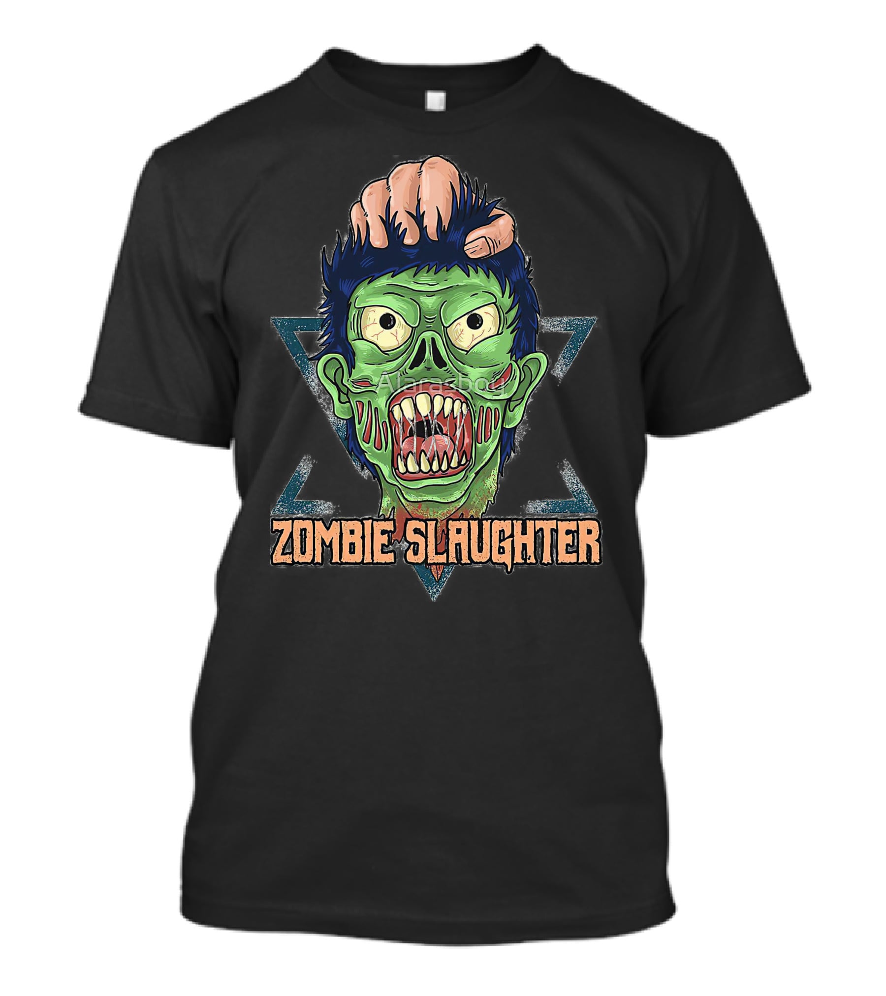 ZOMBIE SLAUGHTER Gruesome Green Undead Face In Hand Triangular Frame T-Shirt