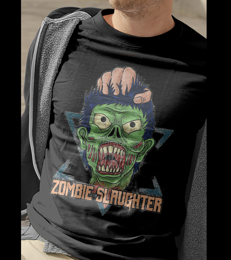 ZOMBIE SLAUGHTER Gruesome Green Undead Face In Hand Triangular Frame T-Shirt