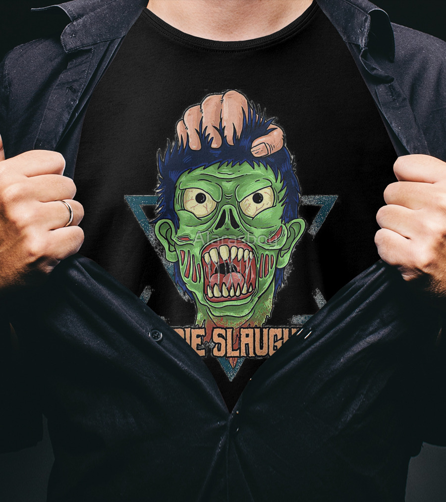 ZOMBIE SLAUGHTER Gruesome Green Undead Face In Hand Triangular Frame T-Shirt