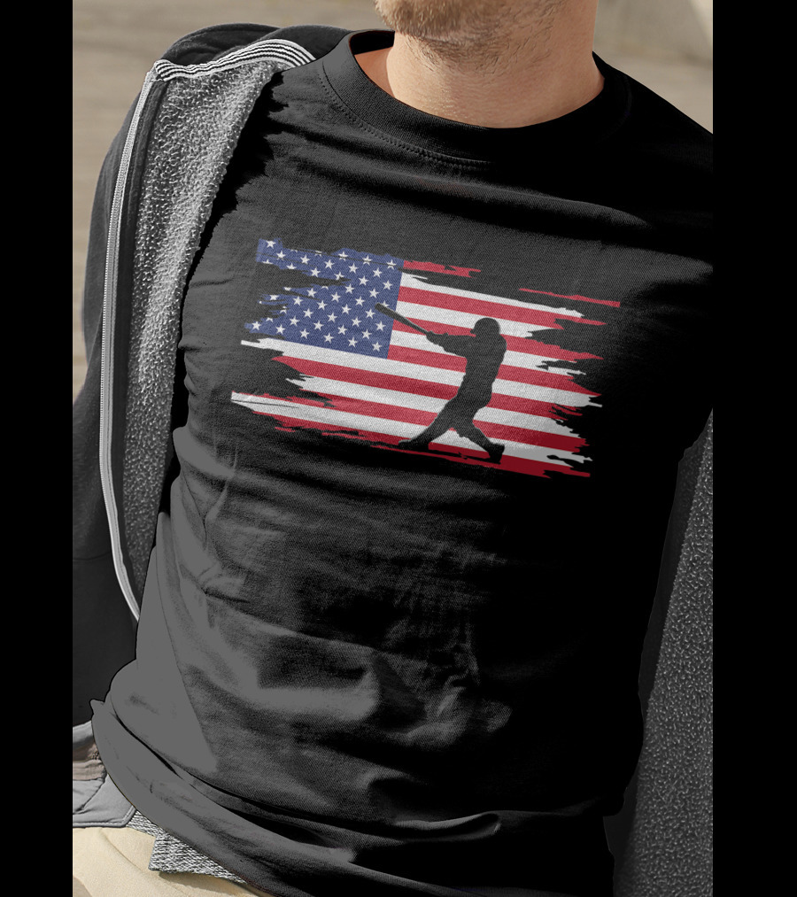American Flag Baseball Player Silhouette Patriotic Sports T-Shirt