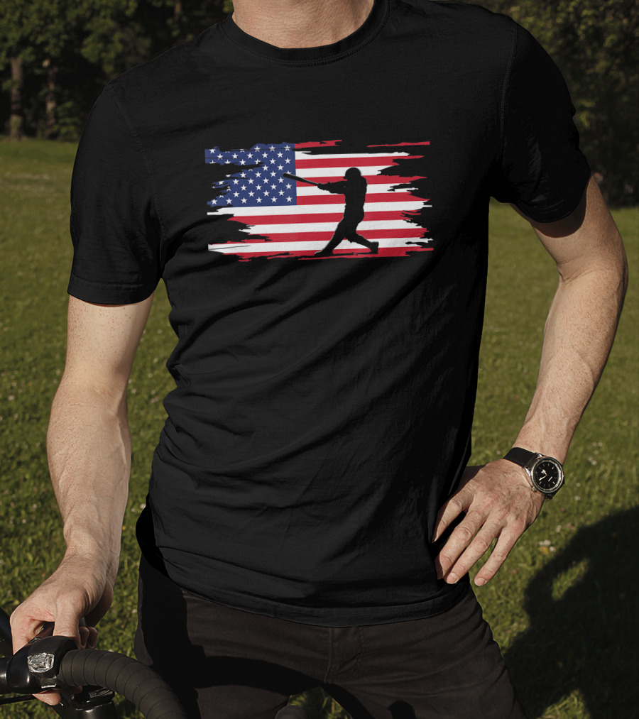 American Flag Baseball Player Silhouette Patriotic Sports T-Shirt